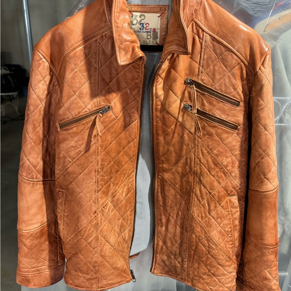 Men's Quilted Leather Jacket - Cognac